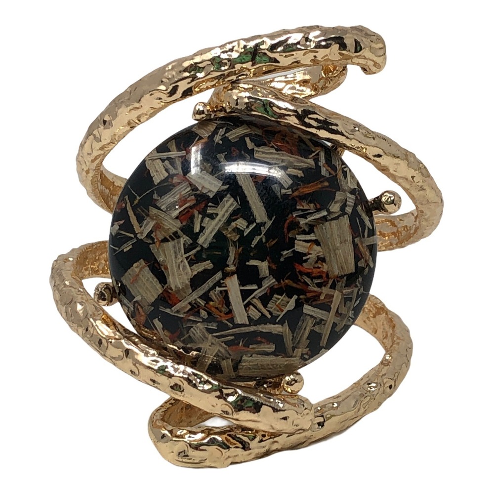 Hammered‎ Cuff Clamper Bracelet Gold Tone Large Black Tan Bead Boho